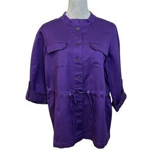 Chico's Women's Anorak Purple Linen Blend Jacket /L Mock Neck Button-Up Fall